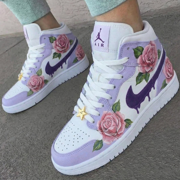 Custom AJ 1s Shoes Lilac Pink Rose Pattern-oicustom