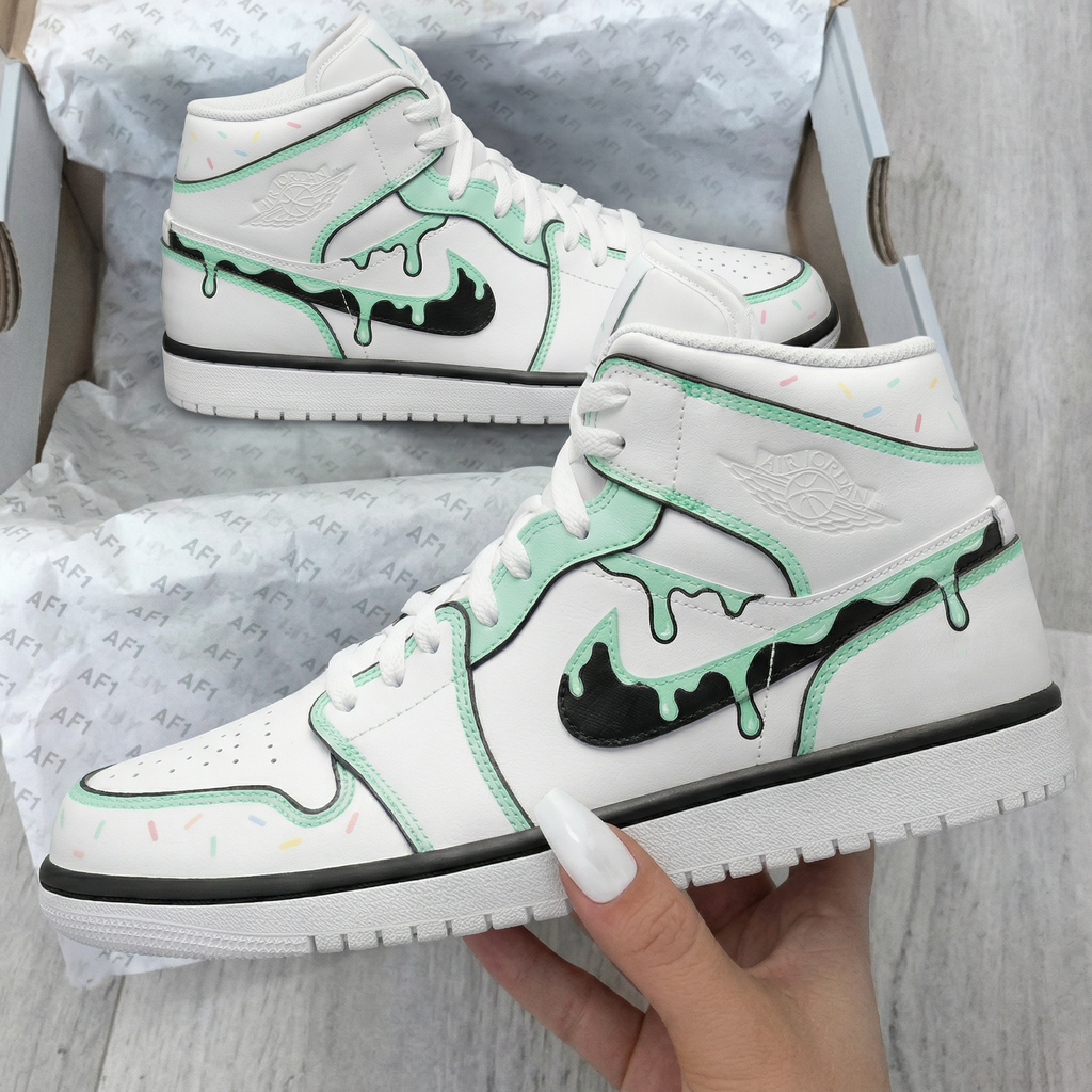 Custom AJ 1s Shoes Mint Green Black Drip Effect Colorful Sprinkles-oicustom