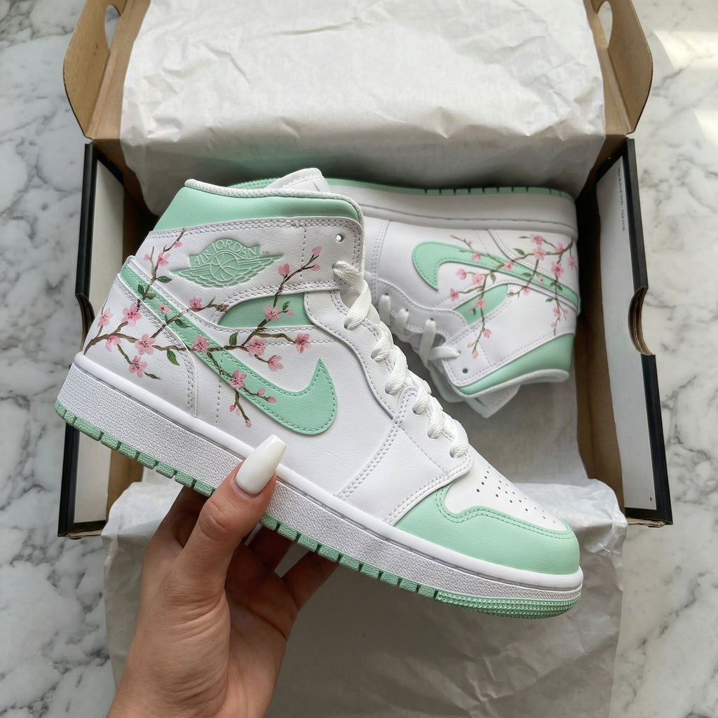 Custom AJ 1s Shoes Mint Green Pink Cherry Blossom Branches-oicustom
