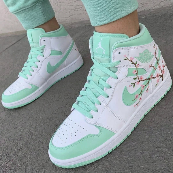Custom AJ 1s Shoes Mint Green Pink Cherry Blossom Branches-oicustom
