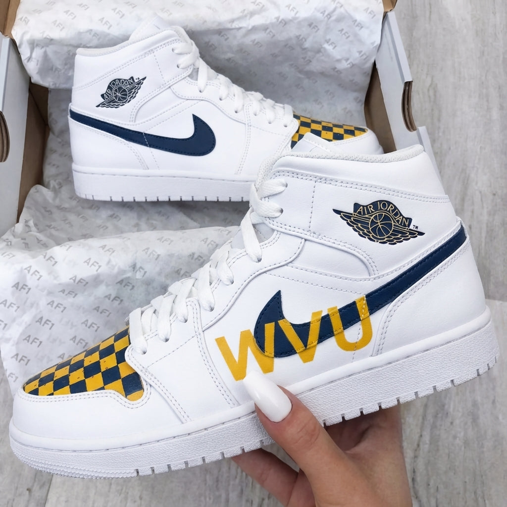 Custom AJ 1s Shoes Navy Yellow Checkered WVU Logo-oicustom