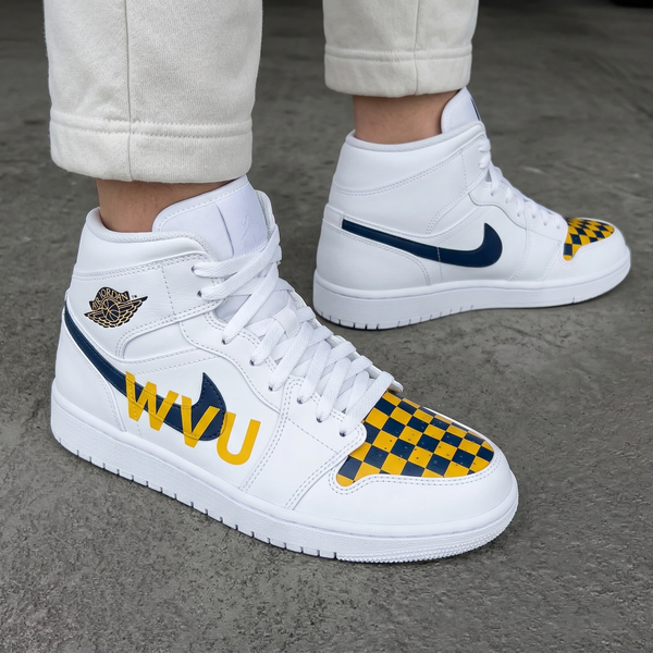Custom AJ 1s Shoes Navy Yellow Checkered WVU Logo-oicustom
