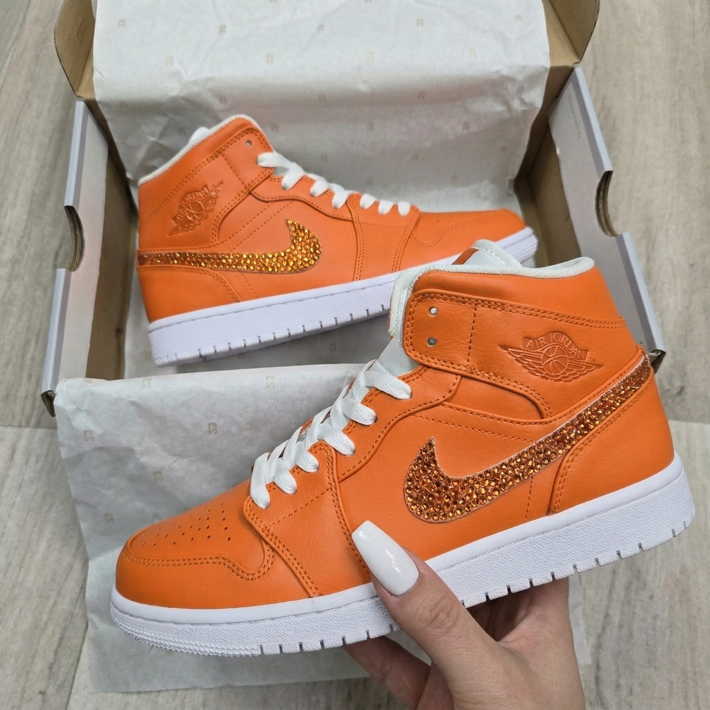 Custom AJ 1s Shoes Orange And White Rhinestone Swoosh-oicustom