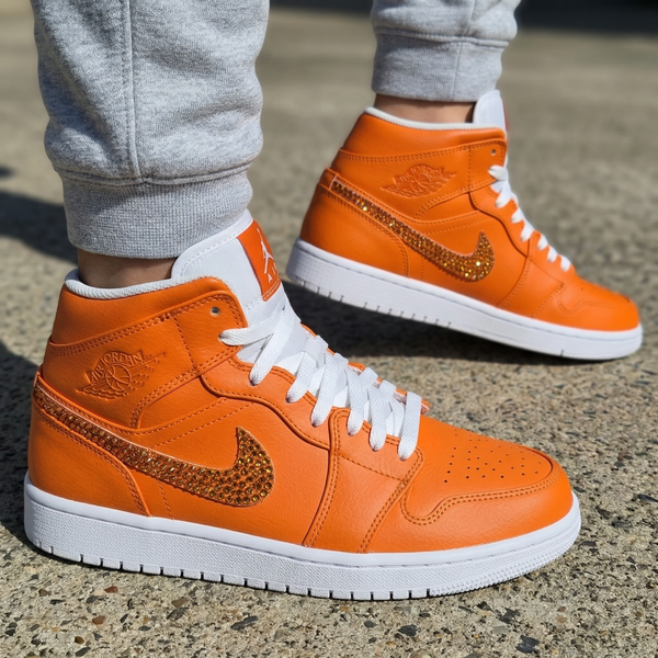 Custom AJ 1s Shoes Orange And White Rhinestone Swoosh-oicustom