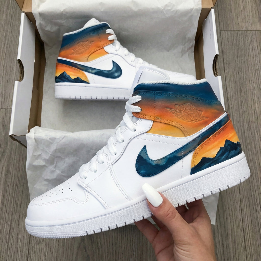 Custom AJ 1s Shoes Orange Blue Mountain Sunset Pattern-oicustom