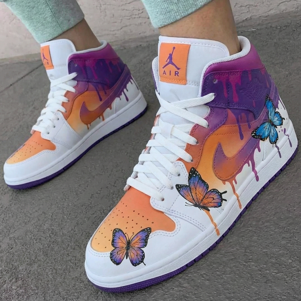 Custom AJ 1s Shoes Orange Purple with Butterflies-oicustom