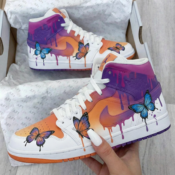 Custom AJ 1s Shoes Orange Purple with Butterflies-oicustom