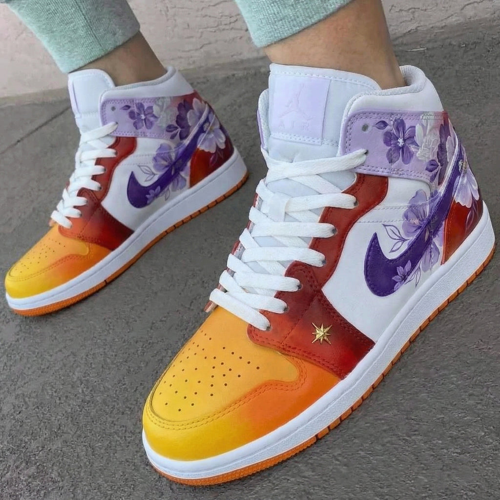 Custom AJ 1s Shoes Orange Red White with Floral Patterns-oicustom