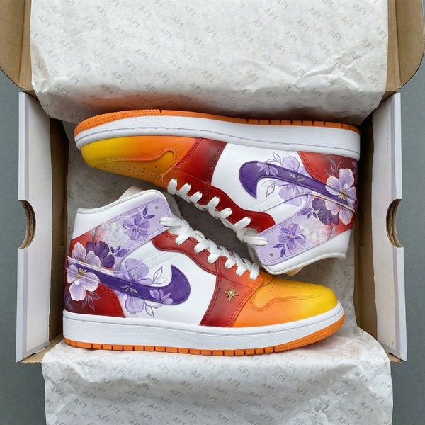 Custom AJ 1s Shoes Orange Red White with Floral Patterns-oicustom