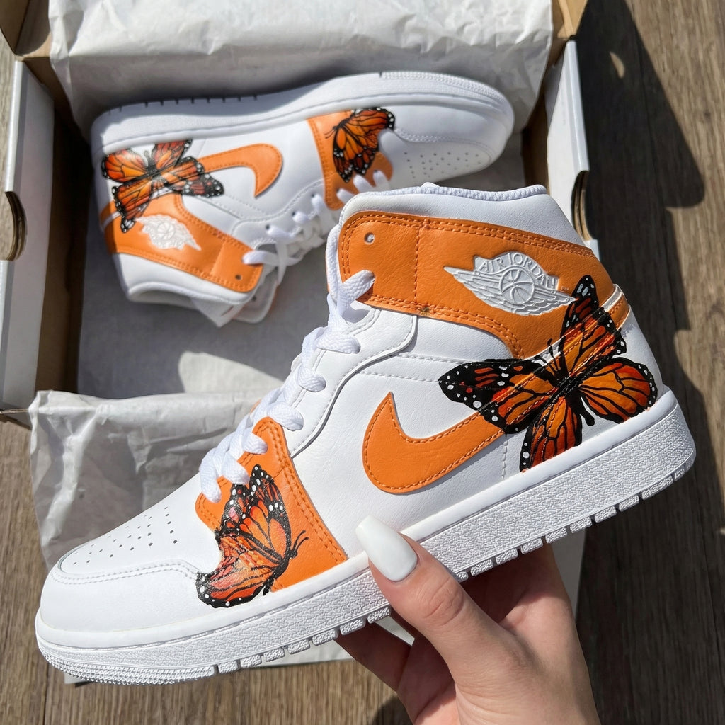 Custom AJ 1s Shoes Orange White with Butterflies-oicustom