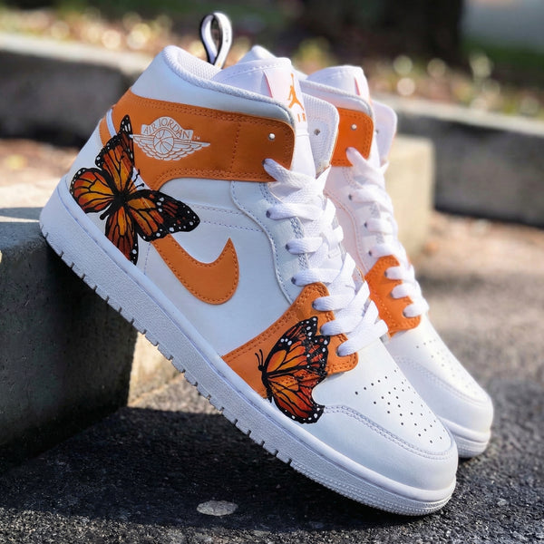 Custom AJ 1s Shoes Orange White with Butterflies-oicustom