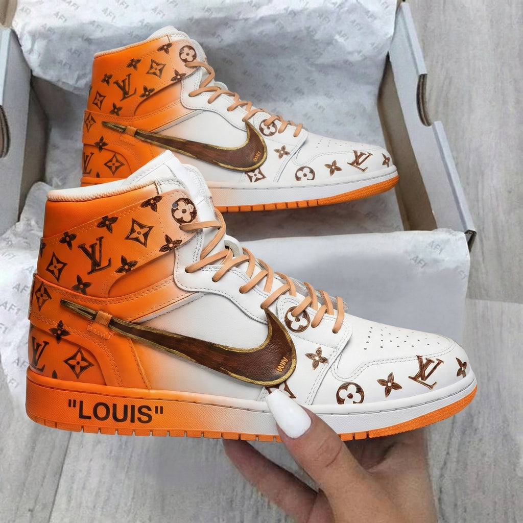 Custom AJ 1s Shoes Orange White with LV Pattern-oicustom