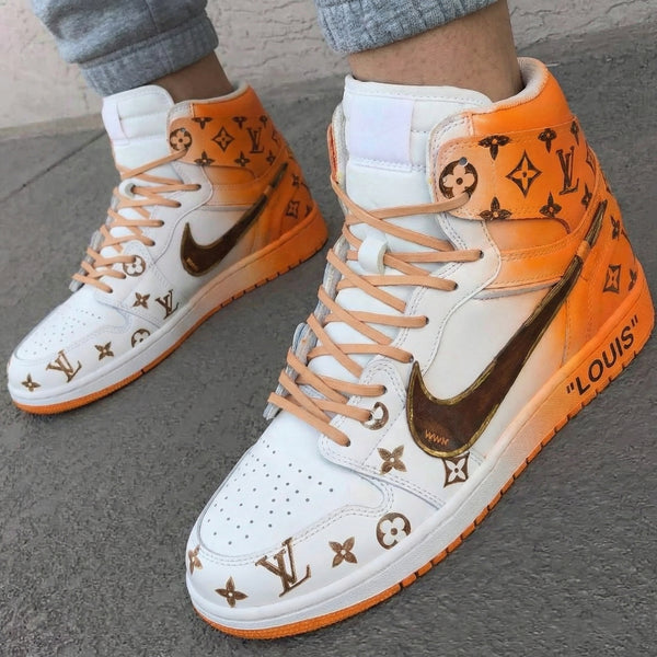 Custom AJ 1s Shoes Orange White with LV Pattern-oicustom