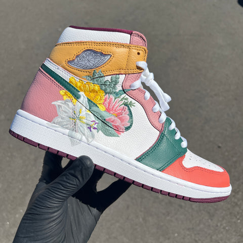 Custom AJ 1s Shoes Pastel Pink Green Floral Design-oicustom