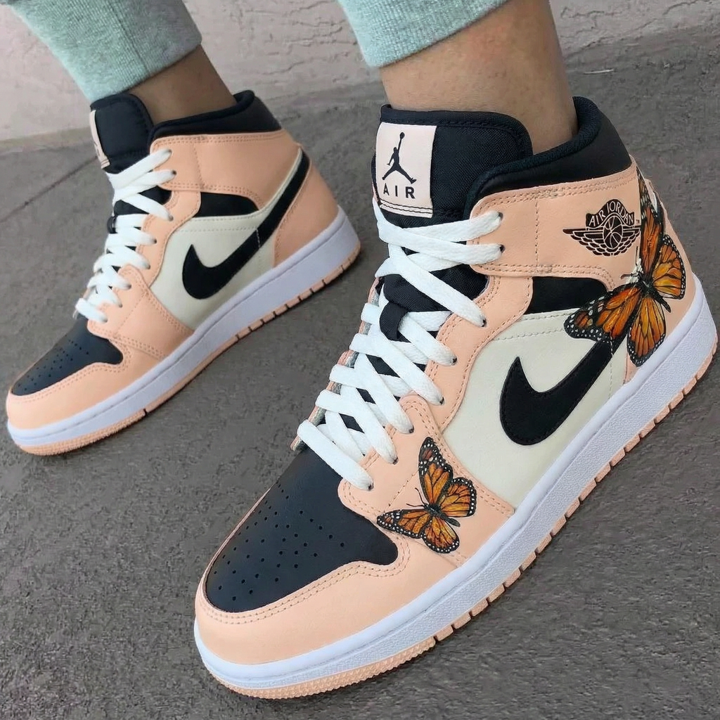 Custom AJ 1s Shoes Peach Beige Black with Butterflies-oicustom