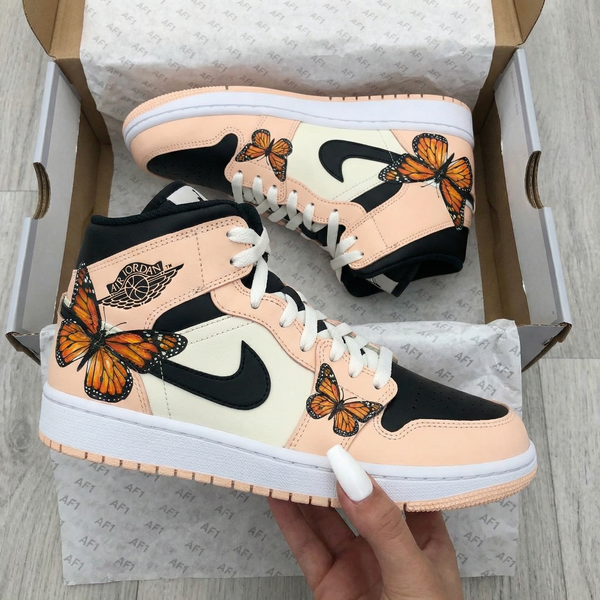 Custom AJ 1s Shoes Peach Beige Black with Butterflies-oicustom
