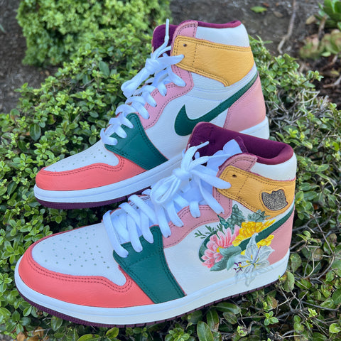 Custom AJ 1s Shoes Peach Green Floral Design-oicustom