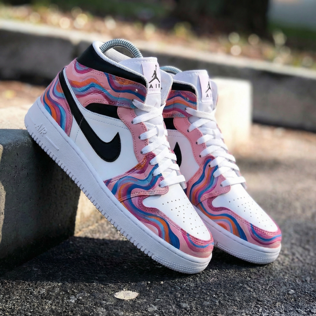 Custom AJ 1s Shoes Pink Black Wave Pattern-oicustom