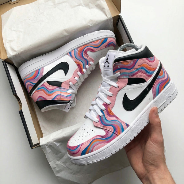 Custom AJ 1s Shoes Pink Black Wave Pattern-oicustom