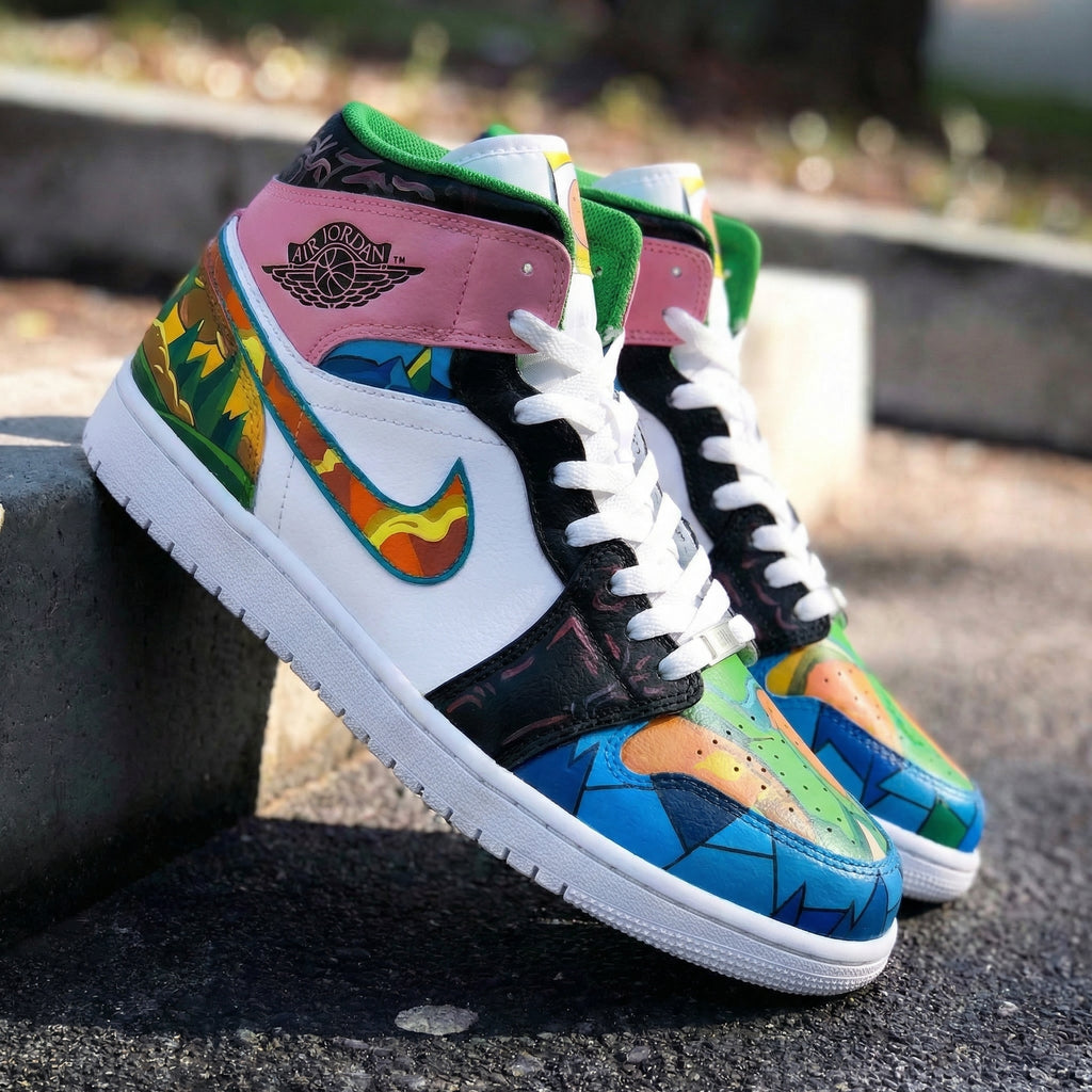 Custom AJ 1s Shoes Pink Black with Colorful Mosaic Pattern-oicustom