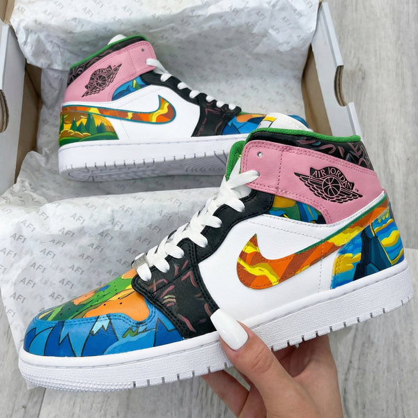 Custom AJ 1s Shoes Pink Black with Colorful Mosaic Pattern-oicustom