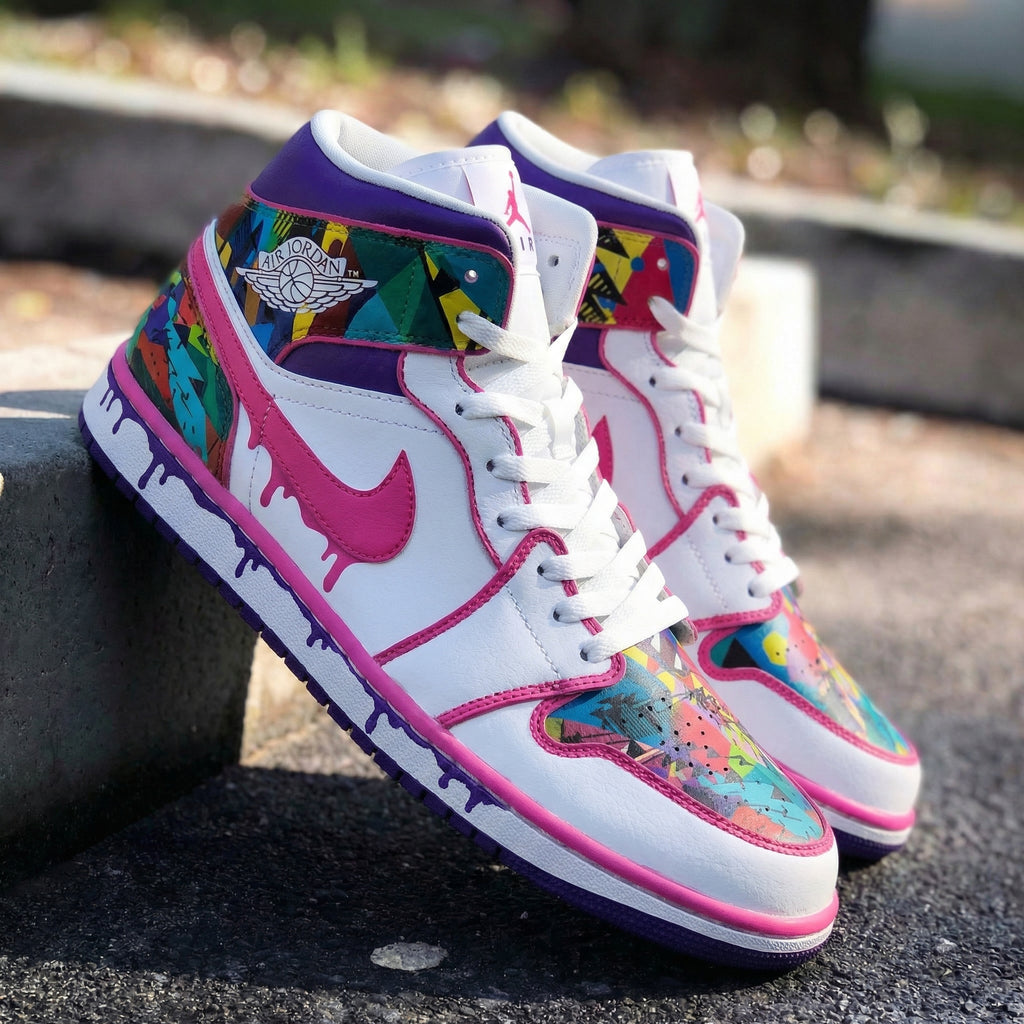 Custom AJ 1s Shoes Pink Purple with Mosaic Pattern-oicustom