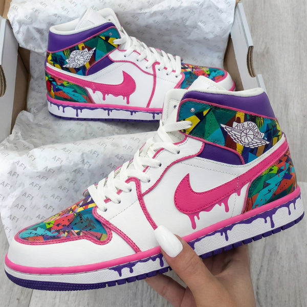 Custom AJ 1s Shoes Pink Purple with Mosaic Pattern-oicustom