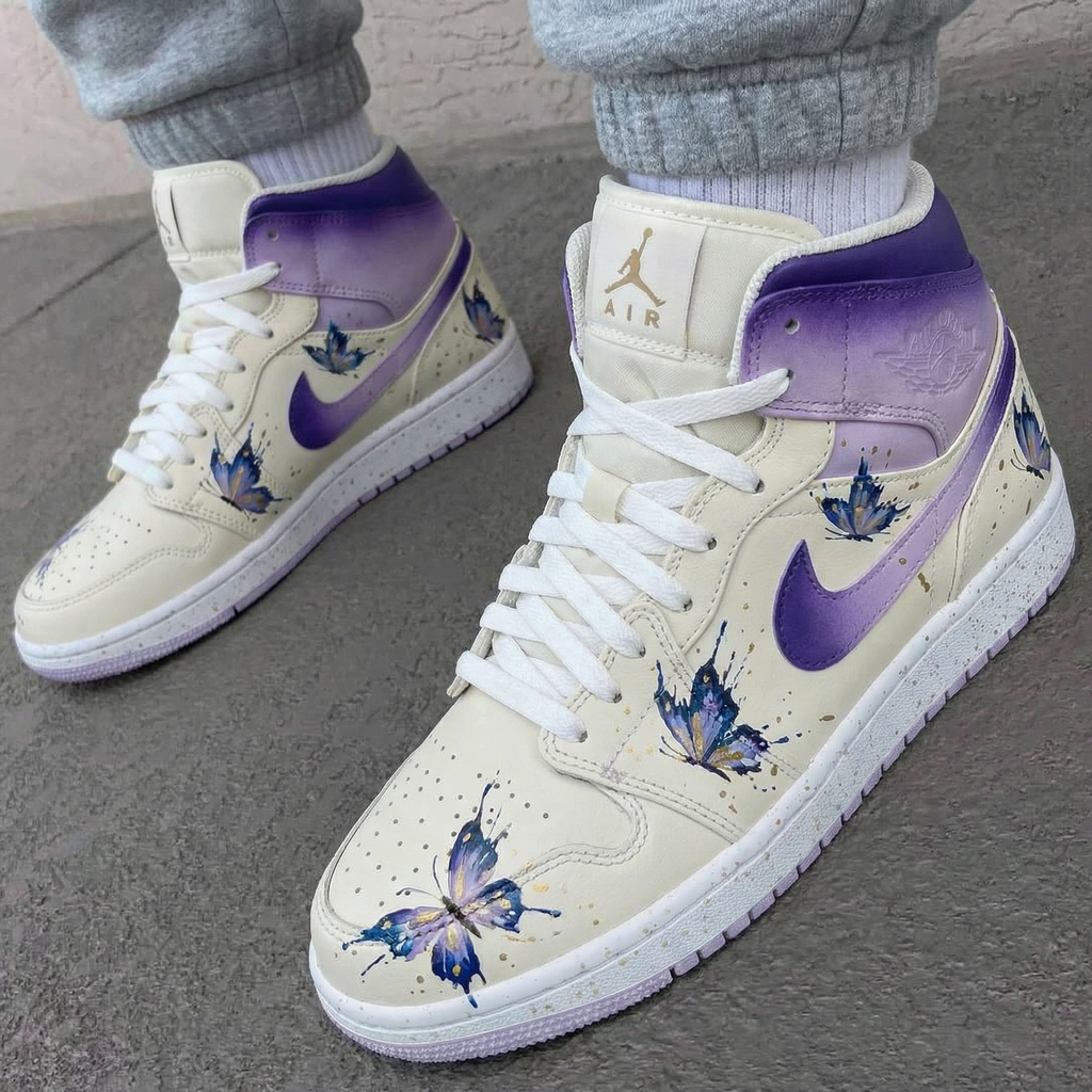 Custom AJ 1s Shoes Purple Beige with Butterflies-oicustom