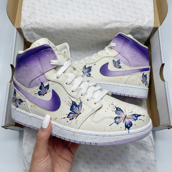 Custom AJ 1s Shoes Purple Beige with Butterflies-oicustom