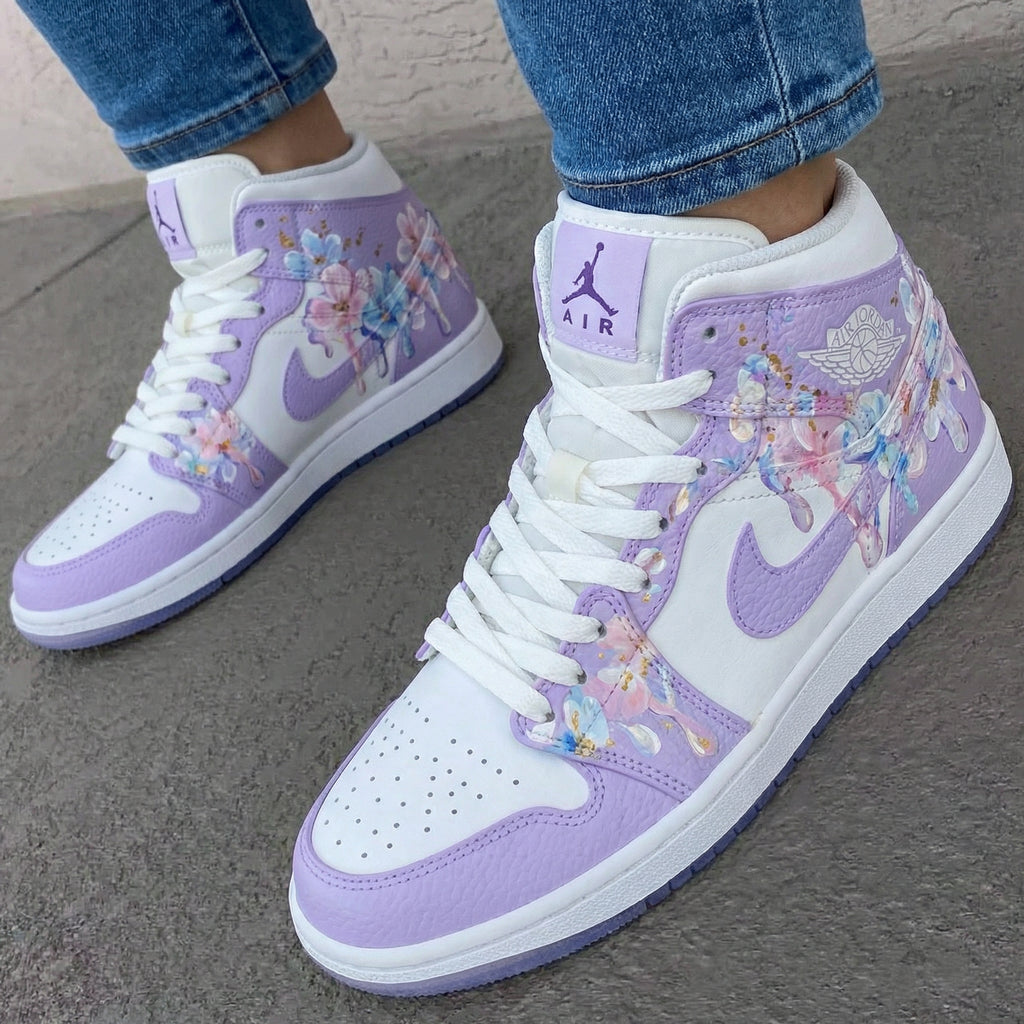 Custom AJ 1s Shoes Purple Floral Design-oicustom