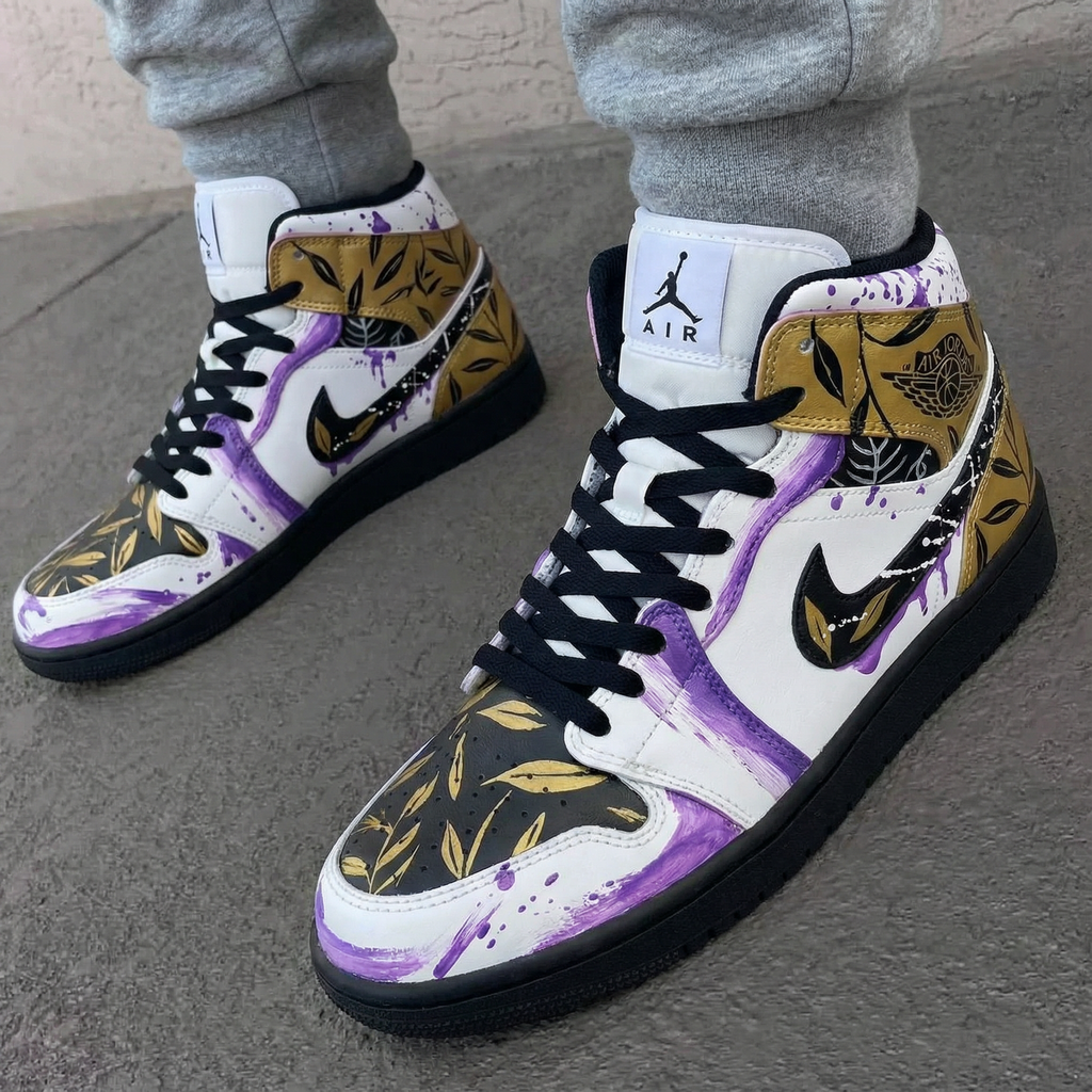 Custom AJ 1s Shoes Purple Gold Leaf Pattern-oicustom