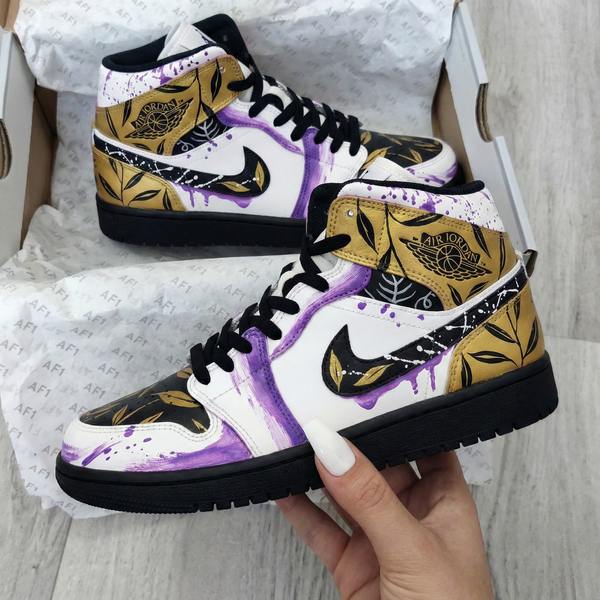 Custom AJ 1s Shoes Purple Gold Leaf Pattern-oicustom
