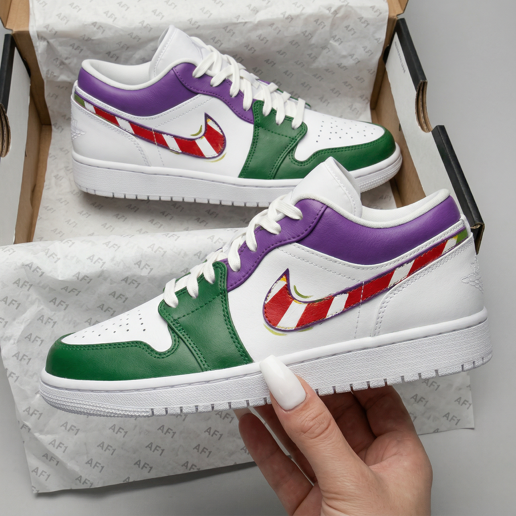 Custom AJ 1s Shoes Purple Green Red White Striped Swoosh-oicustom