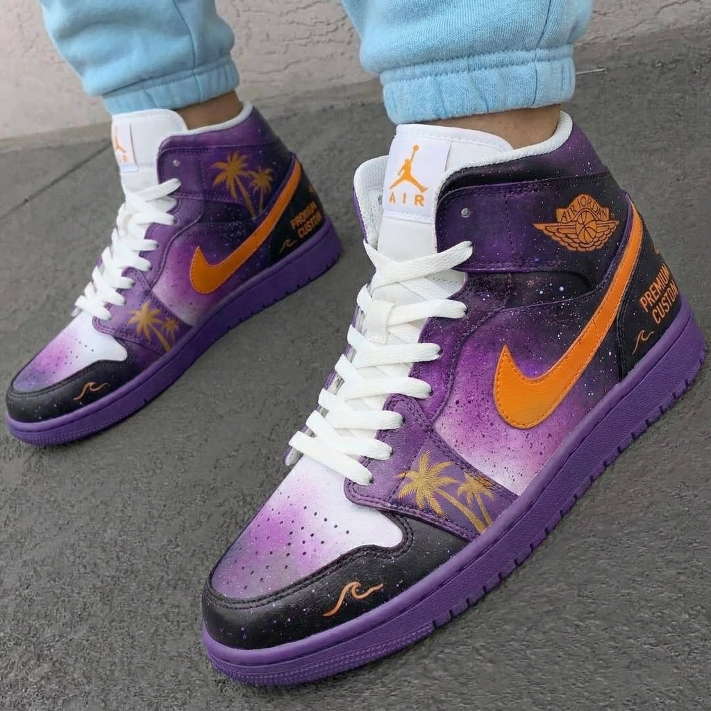 Custom AJ 1s Shoes Purple Orange Palm Tree Design-oicustom