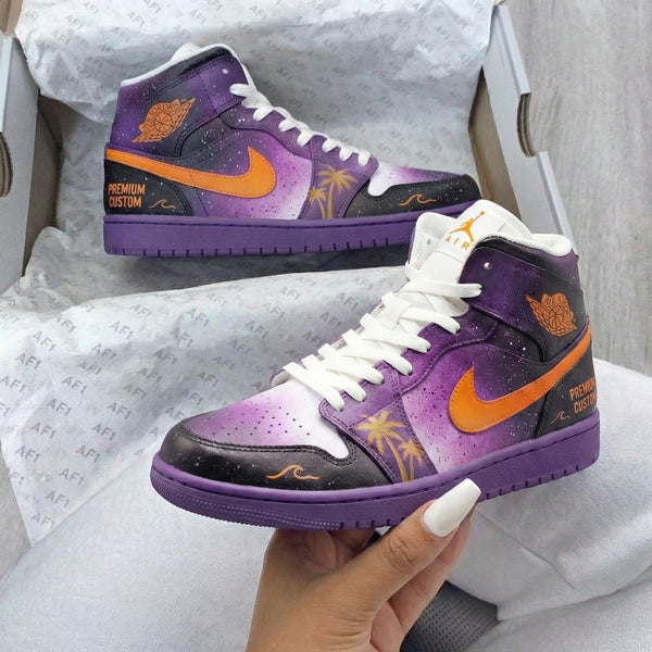 Custom AJ 1s Shoes Purple Orange Palm Tree Design-oicustom