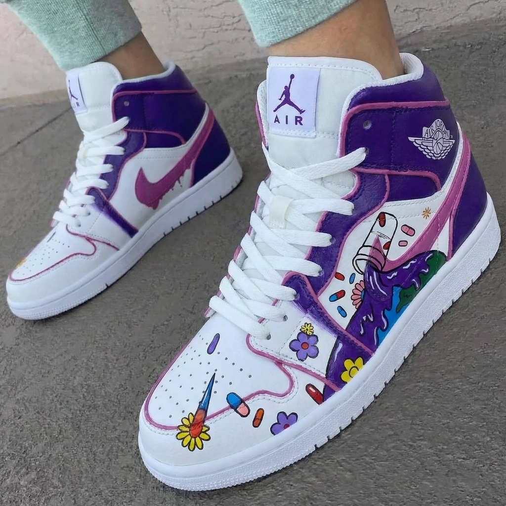Custom AJ 1s Shoes Purple Pink Floral Design-oicustom