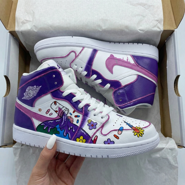 Custom AJ 1s Shoes Purple Pink Floral Design-oicustom