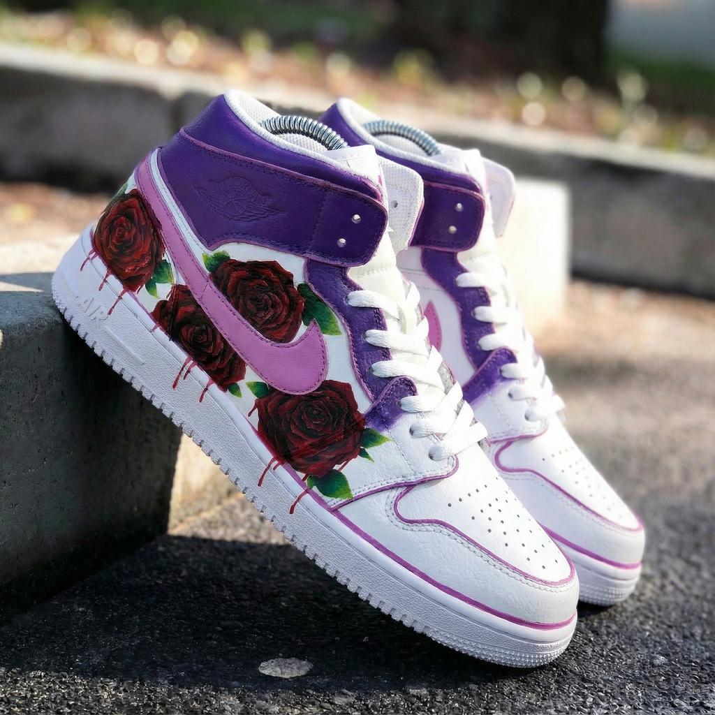 Custom AJ 1s Shoes Purple Pink with Roses-oicustom