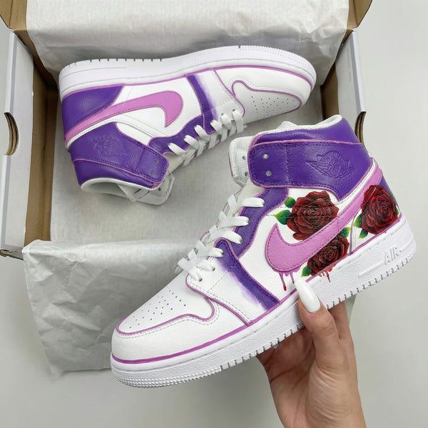 Custom AJ 1s Shoes Purple Pink with Roses-oicustom