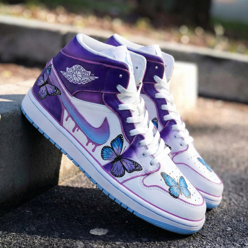 Custom AJ 1s Shoes Purple White Butterflies-oicustom