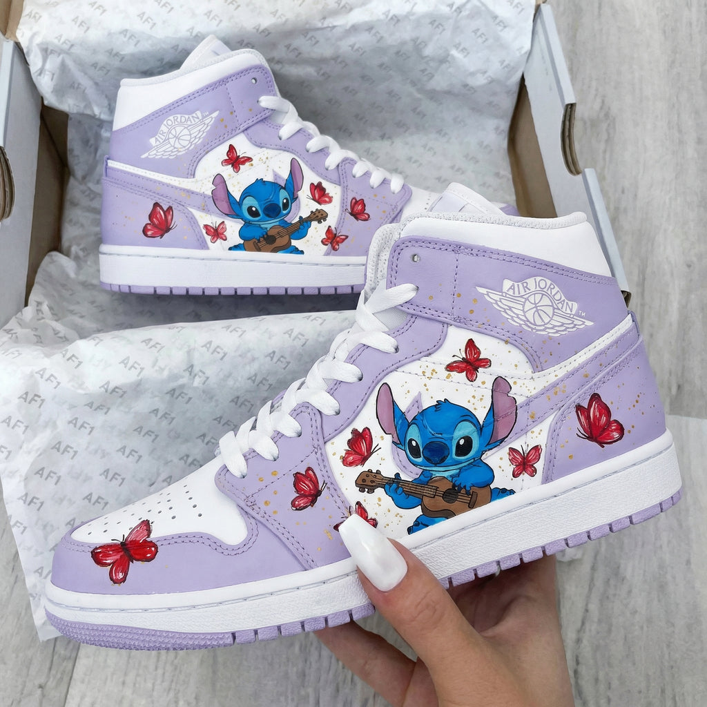 Custom AJ 1s Shoes Purple White Stitch and Butterflies-oicustom