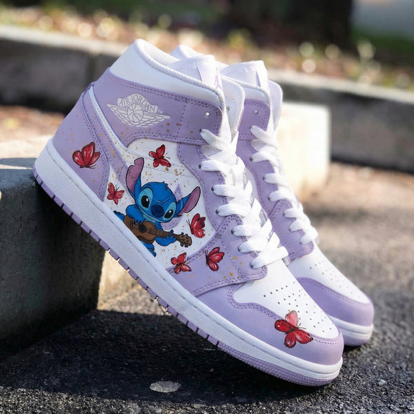 Custom AJ 1s Shoes Purple White Stitch and Butterflies-oicustom