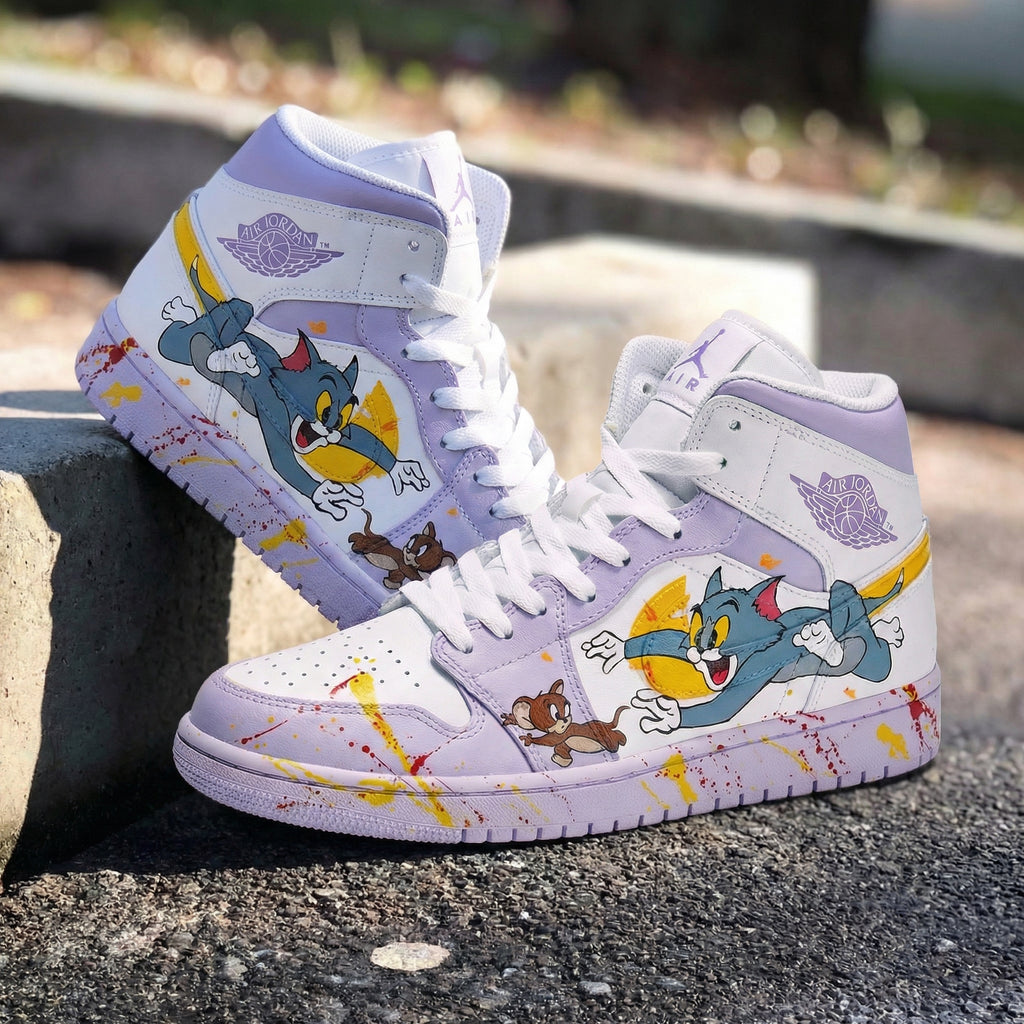 Custom AJ 1s Shoes Purple White Tom and Jerry Design-oicustom