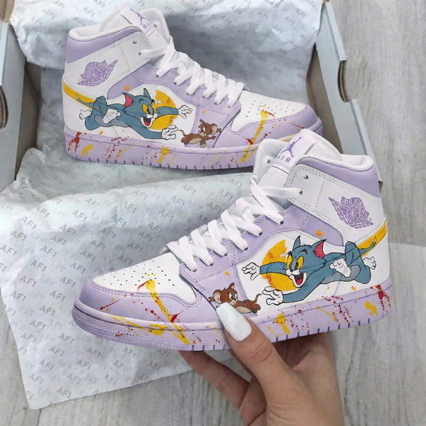 Custom AJ 1s Shoes Purple White Tom and Jerry Design-oicustom