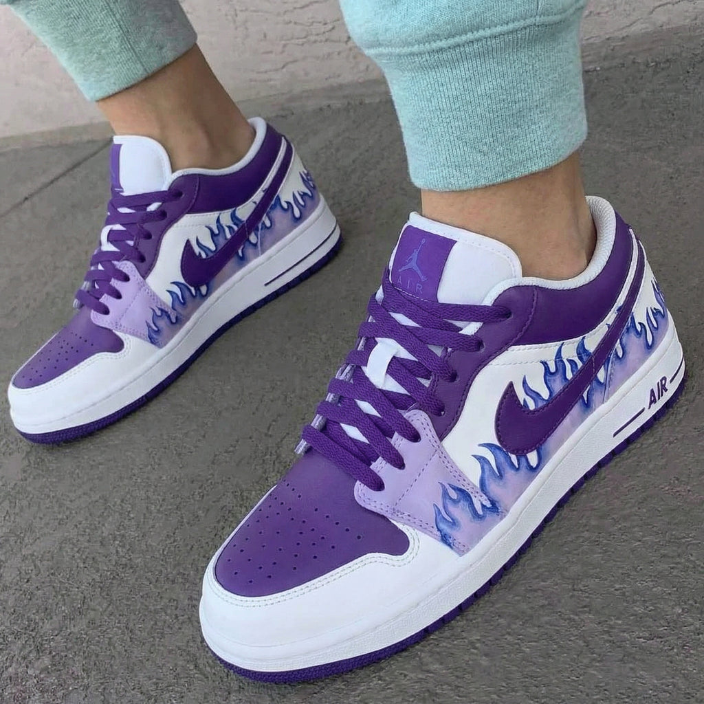 Custom AJ 1s Shoes Purple White with Blue Flame Design-oicustom