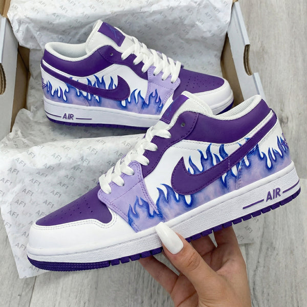 Custom AJ 1s Shoes Purple White with Blue Flame Design-oicustom