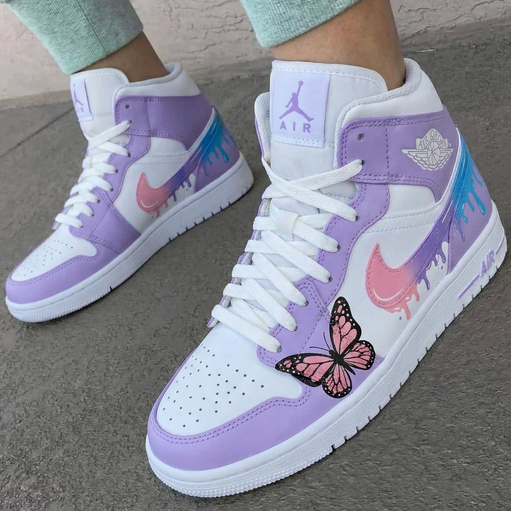 Custom AJ 1s Shoes Purple White with Butterfly and Drip Design-oicustom