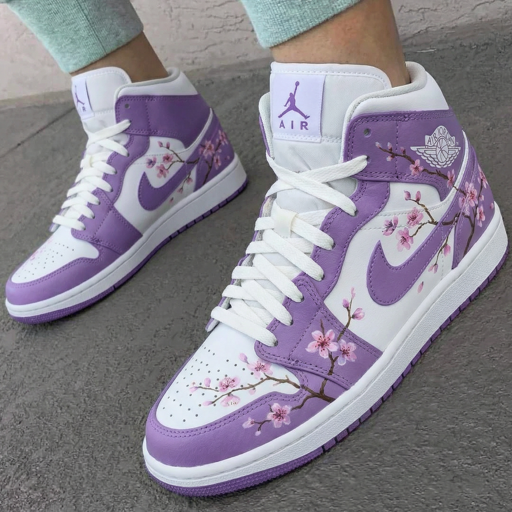 Custom AJ 1s Shoes Purple White with Cherry Blossoms-oicustom
