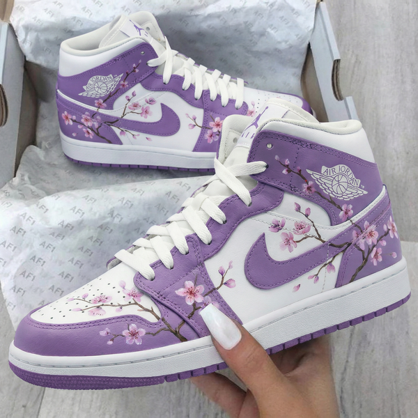 Custom AJ 1s Shoes Purple White with Cherry Blossoms-oicustom