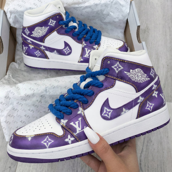 Custom AJ 1s Shoes Purple White with LV Logo-oicustom